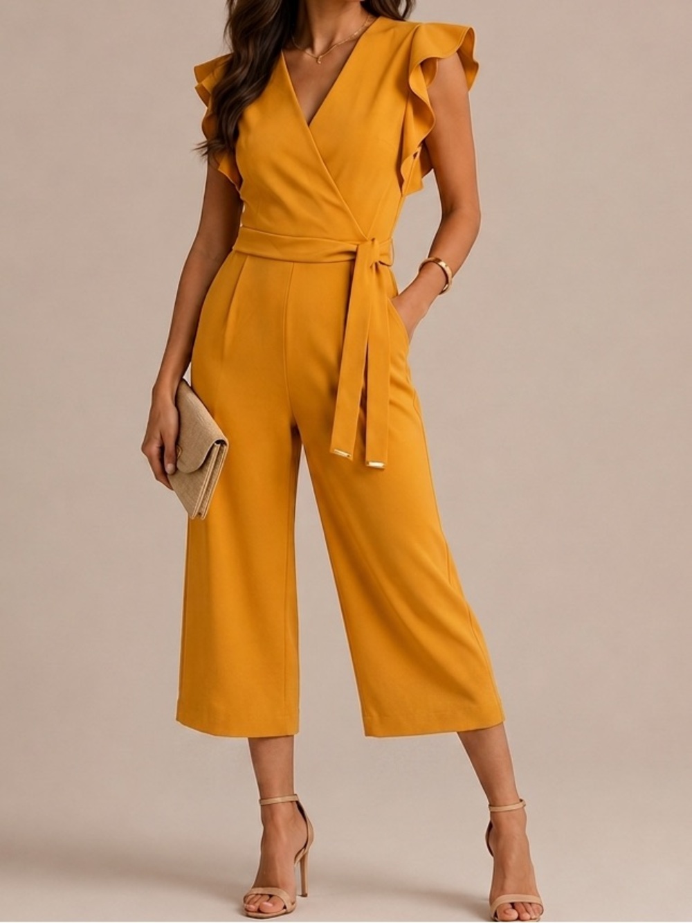 Tommy Hilfiger Ruffled Sleeve V-Neck Cropped Sunflower Jumpsuit  Size 2 NWT $139